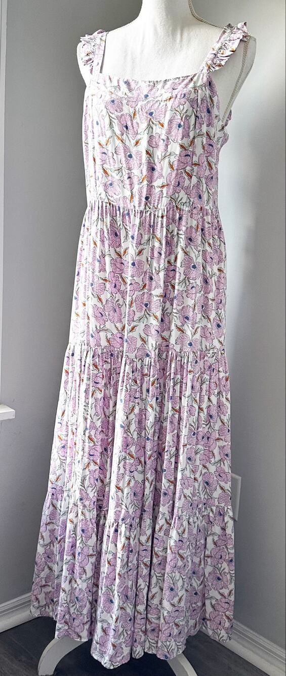Haute Hippie Floral Maxi Dress L Ruffle Strap Smocked Tiered Boho Cottagecore